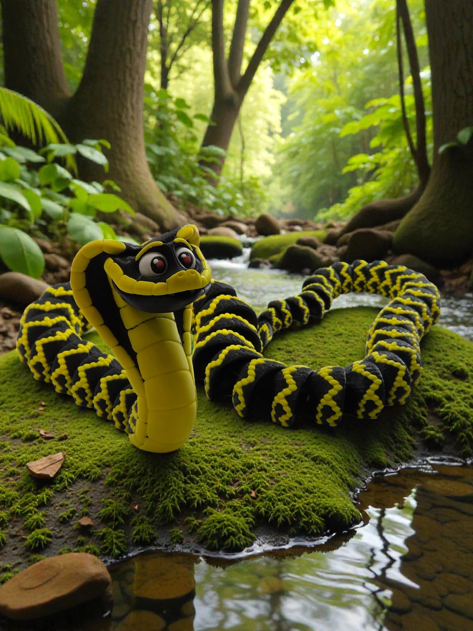 Snake on a mossy rock with a forest background
