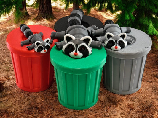 3D Printed Racoon Family Toy Set with Trash Can - Fun and Unique Racoon Figures for Kids - Eco-Friendly Playtime