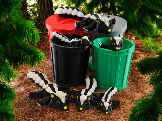 3D Printed Skunk Family Toy Set with Trash Can - Fun and Unique Skunk Figures for Kids - Eco-Friendly Playtime