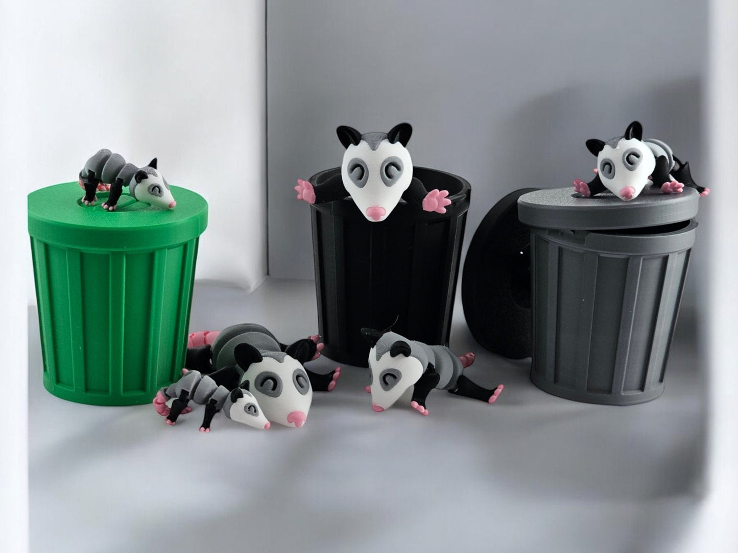 3D Printed Possum Family Toy Set with Trash Can - Fun and Unique Possum Figures for Kids - Eco-Friendly Playtime