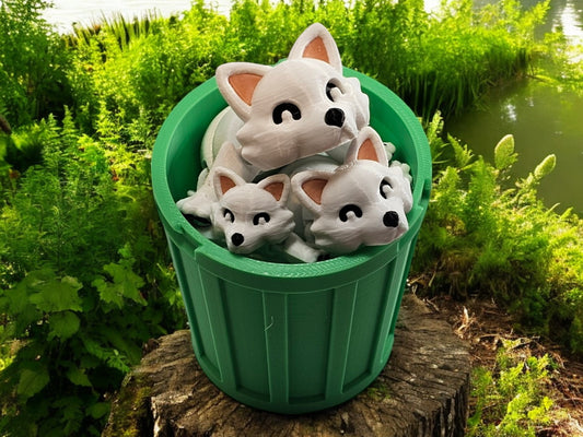 3D Printed Snow Fox Family Toy Set with Trash Can - Fun and Unique Artic Fox Figures for Kids - Eco-Friendly Playtime