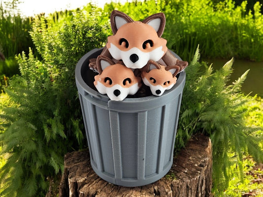 3D Printed Fox Family Toy Set with Trash Can - Fun and Unique Fox Figures for Kids - Eco-Friendly Playtime