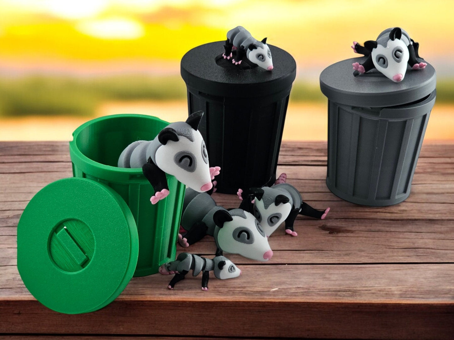 3D Printed Possum Family Toy Set with Trash Can - Fun and Unique Possum Figures for Kids - Eco-Friendly Playtime