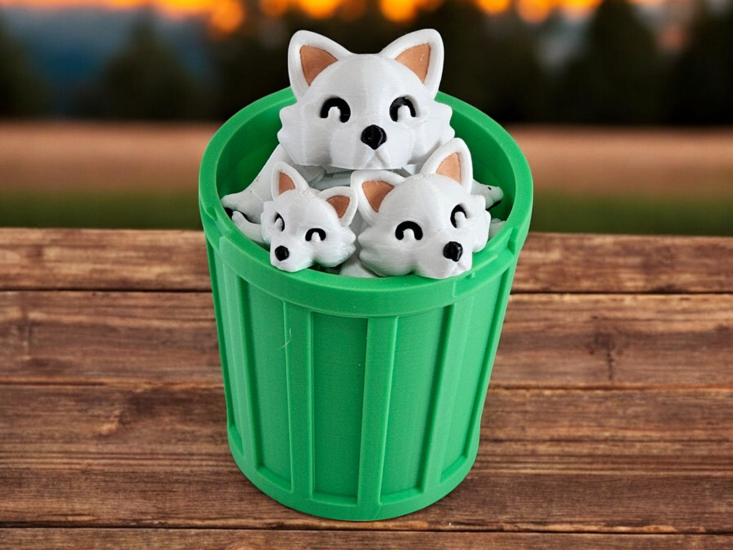 3D Printed Snow Fox Family Toy Set with Trash Can - Fun and Unique Artic Fox Figures for Kids - Eco-Friendly Playtime