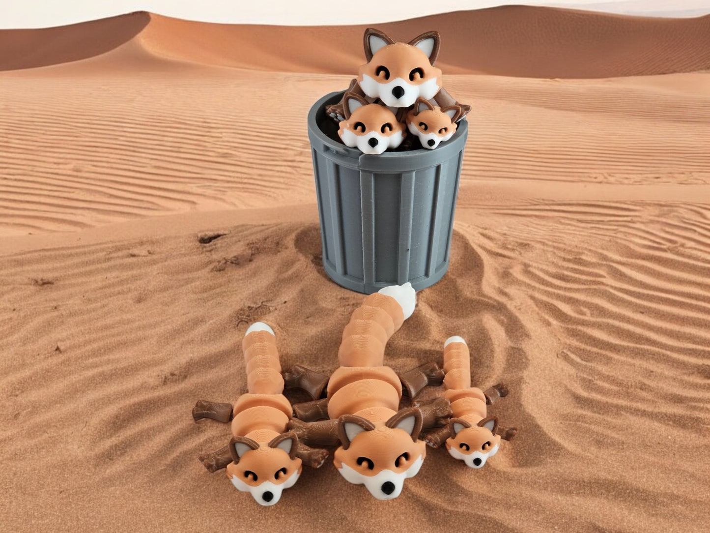 3D Printed Fox Family Toy Set with Trash Can - Fun and Unique Fox Figures for Kids - Eco-Friendly Playtime