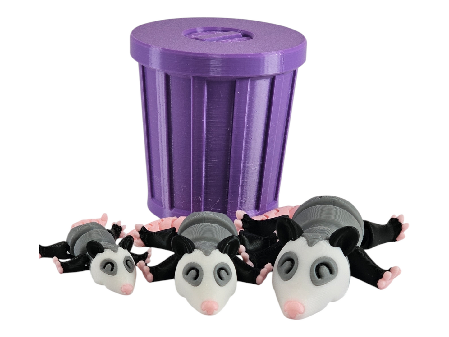 3D Printed Possum Family Toy Set with Trash Can - Fun and Unique Possum Figures for Kids - Eco-Friendly Playtime