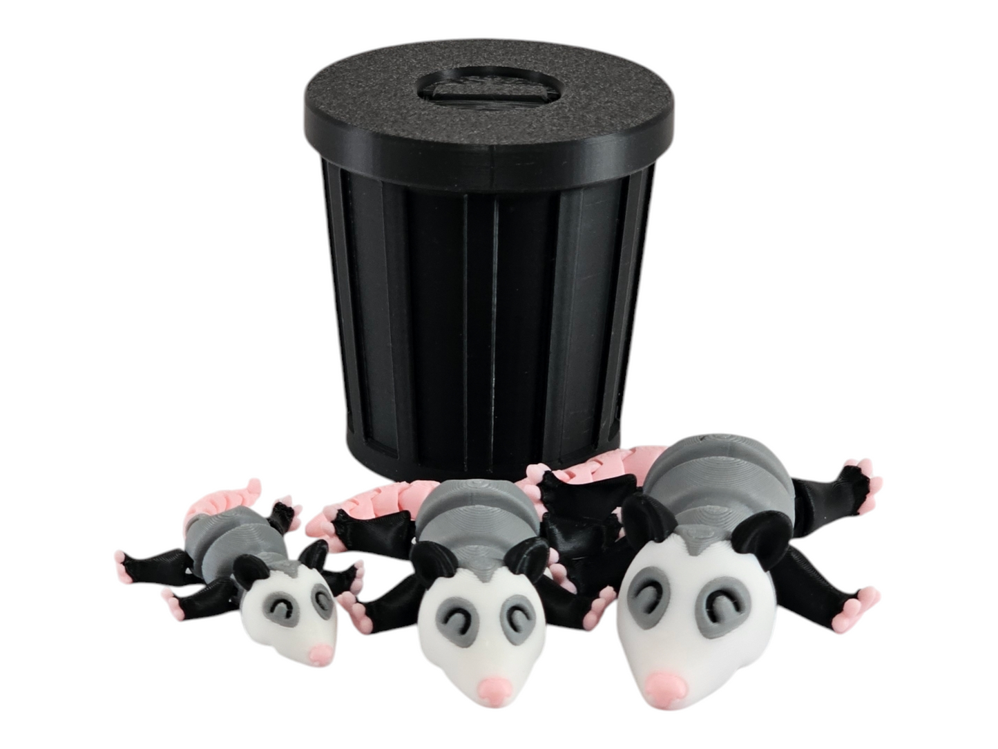 3D Printed Possum Family Toy Set with Trash Can - Fun and Unique Possum Figures for Kids - Eco-Friendly Playtime