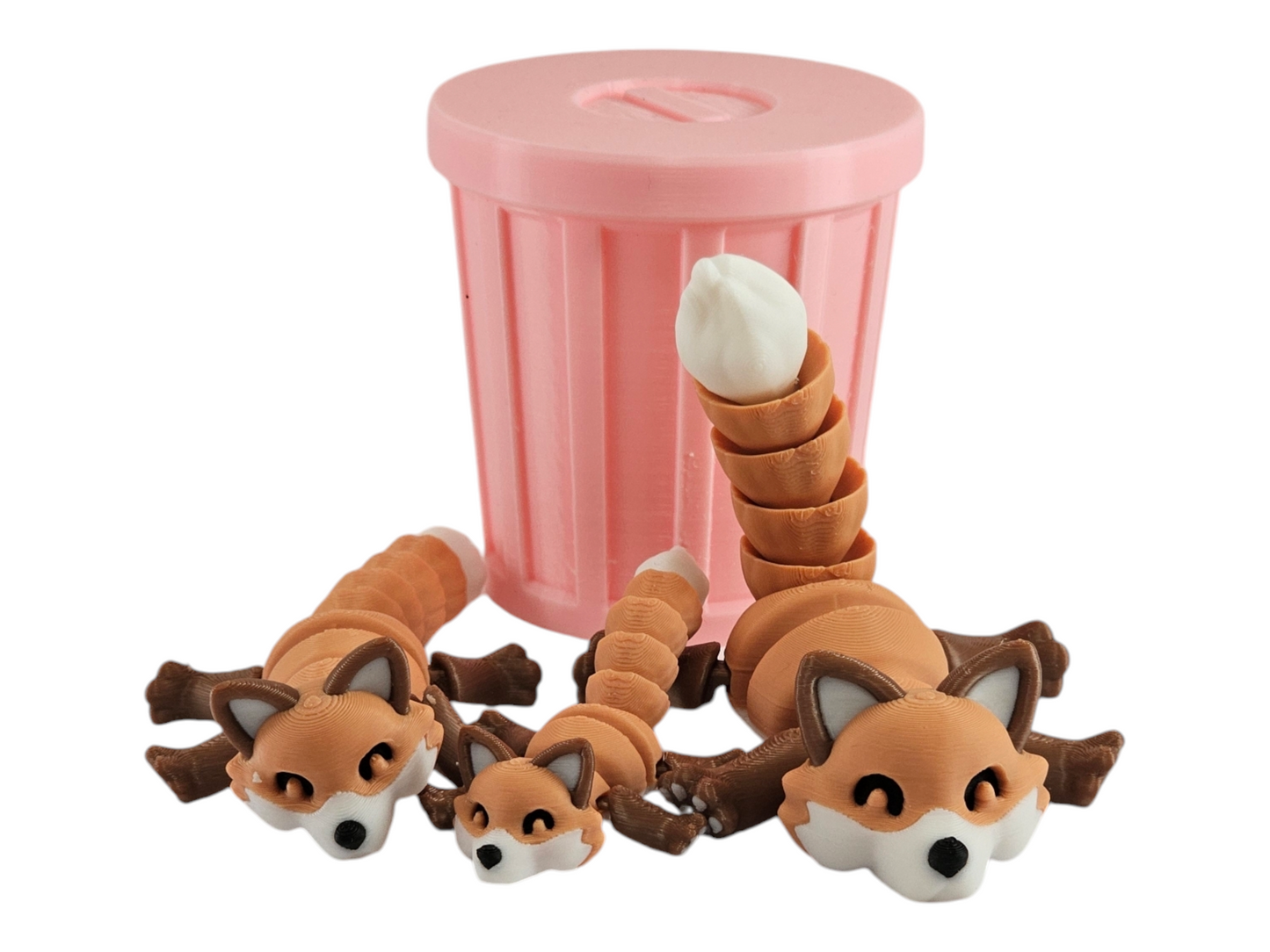 3D Printed Fox Family Toy Set with Trash Can - Fun and Unique Fox Figures for Kids - Eco-Friendly Playtime