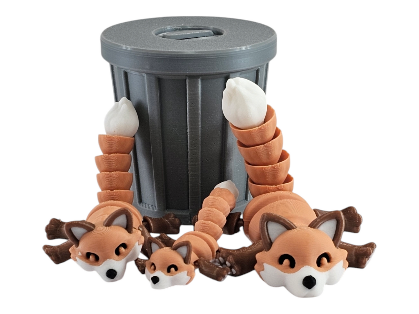 3D Printed Fox Family Toy Set with Trash Can - Fun and Unique Fox Figures for Kids - Eco-Friendly Playtime