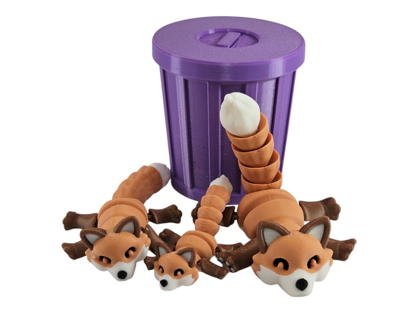 3D Printed Fox Family Toy Set with Trash Can - Fun and Unique Fox Figures for Kids - Eco-Friendly Playtime