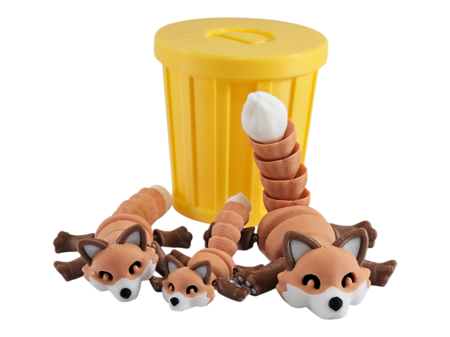3D Printed Fox Family Toy Set with Trash Can - Fun and Unique Fox Figures for Kids - Eco-Friendly Playtime