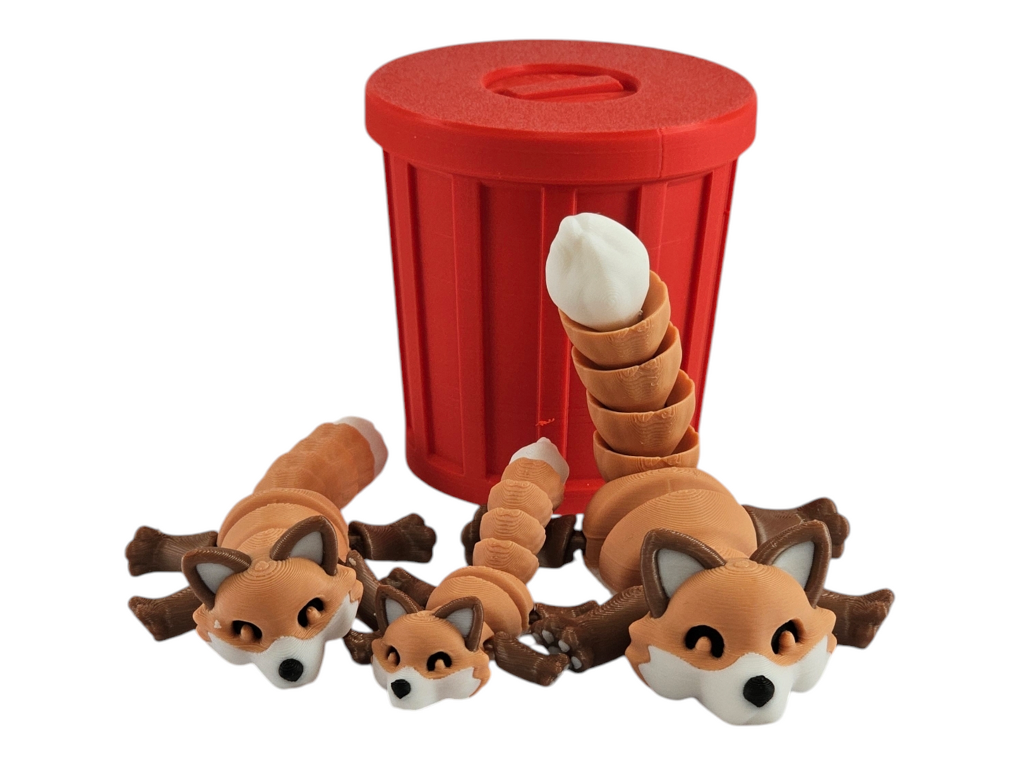 3D Printed Fox Family Toy Set with Trash Can - Fun and Unique Fox Figures for Kids - Eco-Friendly Playtime