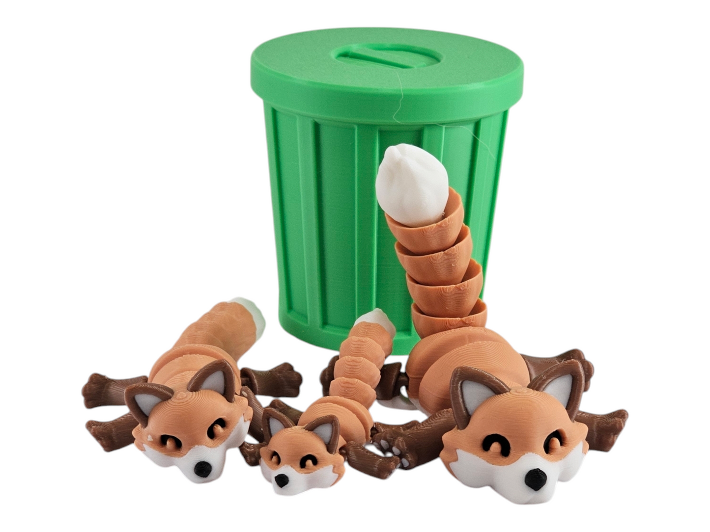 3D Printed Fox Family Toy Set with Trash Can - Fun and Unique Fox Figures for Kids - Eco-Friendly Playtime