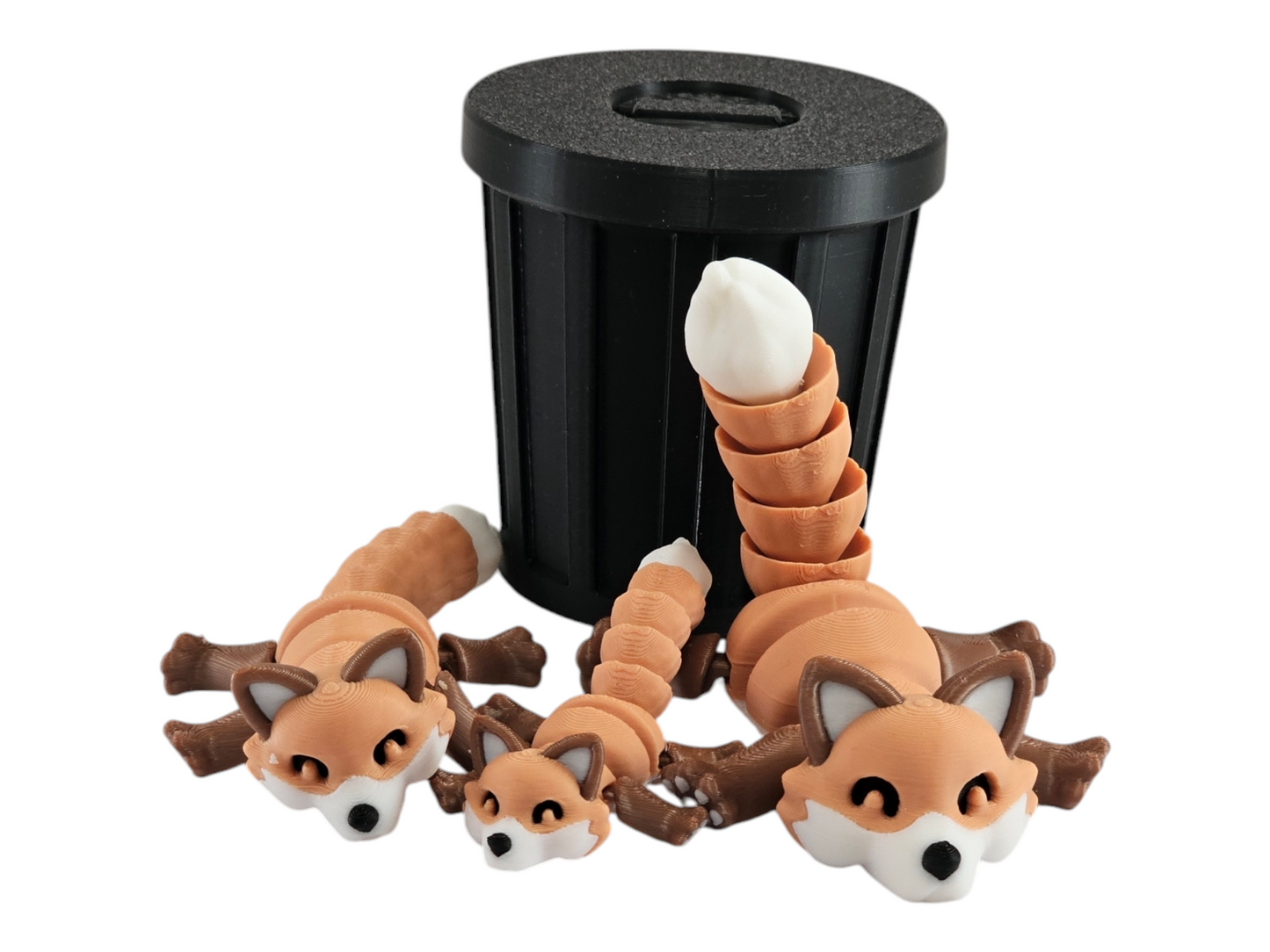 3D Printed Fox Family Toy Set with Trash Can - Fun and Unique Fox Figures for Kids - Eco-Friendly Playtime