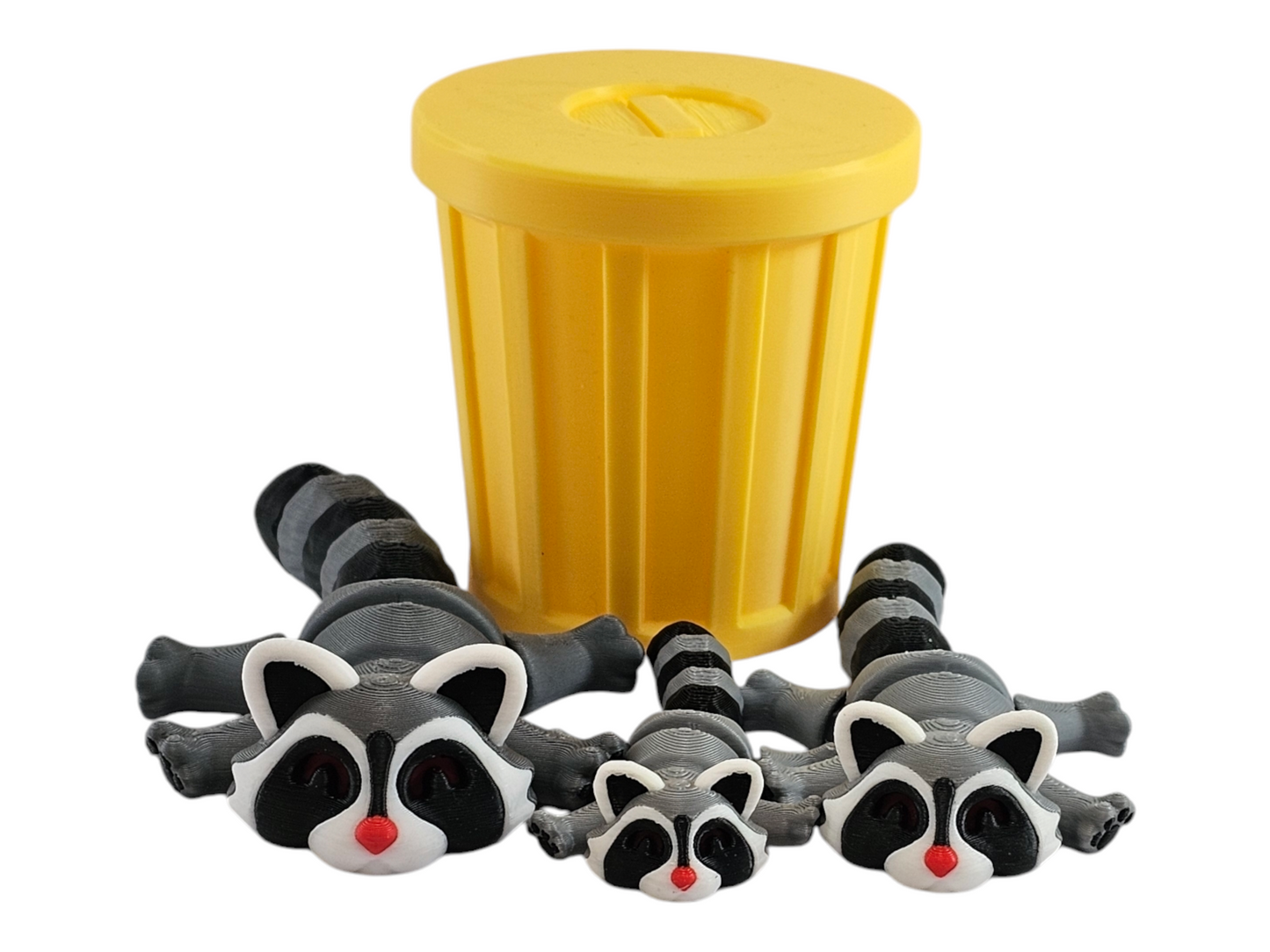 3D Printed Racoon Family Toy Set with Trash Can - Fun and Unique Racoon Figures for Kids - Eco-Friendly Playtime