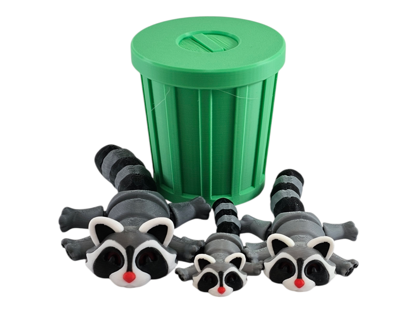 3D Printed Racoon Family Toy Set with Trash Can - Fun and Unique Racoon Figures for Kids - Eco-Friendly Playtime