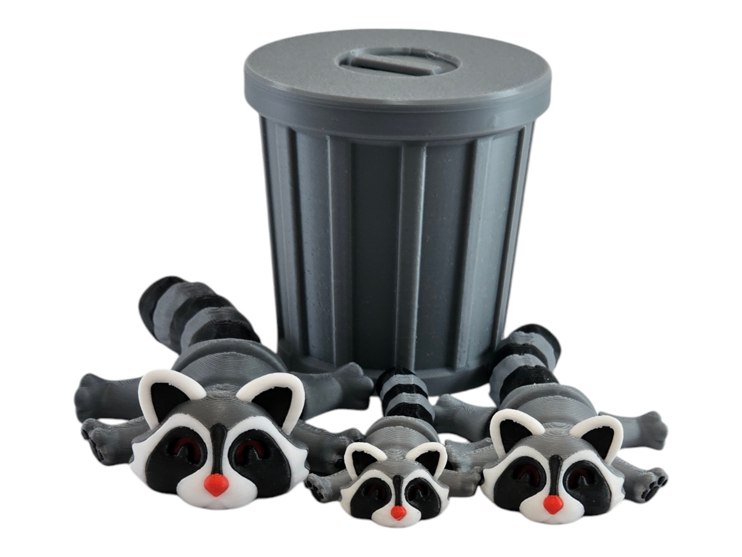 3D Printed Racoon Family Toy Set with Trash Can - Fun and Unique Racoon Figures for Kids - Eco-Friendly Playtime