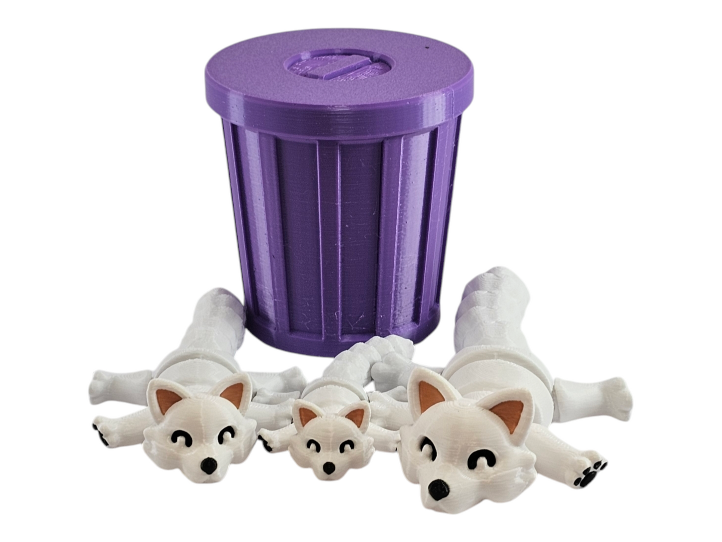 3D Printed Snow Fox Family Toy Set with Trash Can - Fun and Unique Artic Fox Figures for Kids - Eco-Friendly Playtime