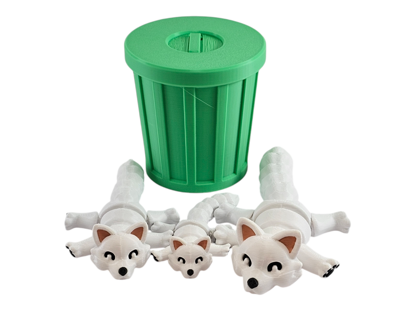 3D Printed Snow Fox Family Toy Set with Trash Can - Fun and Unique Artic Fox Figures for Kids - Eco-Friendly Playtime