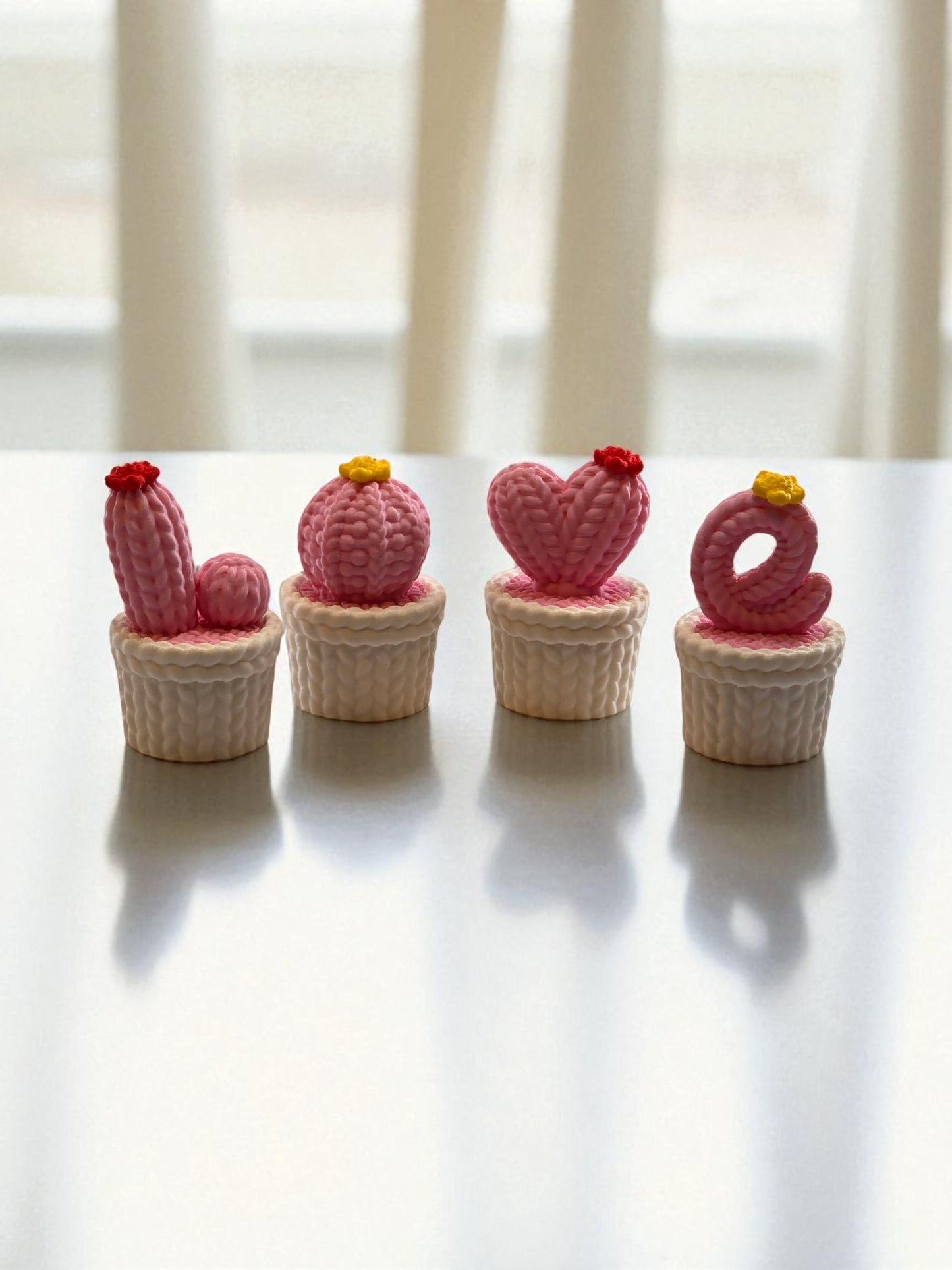 LOVE Cactus Letter Hidden Storage Pots – Knit-Textured Design – 3" Tall, 8" x 2" Base