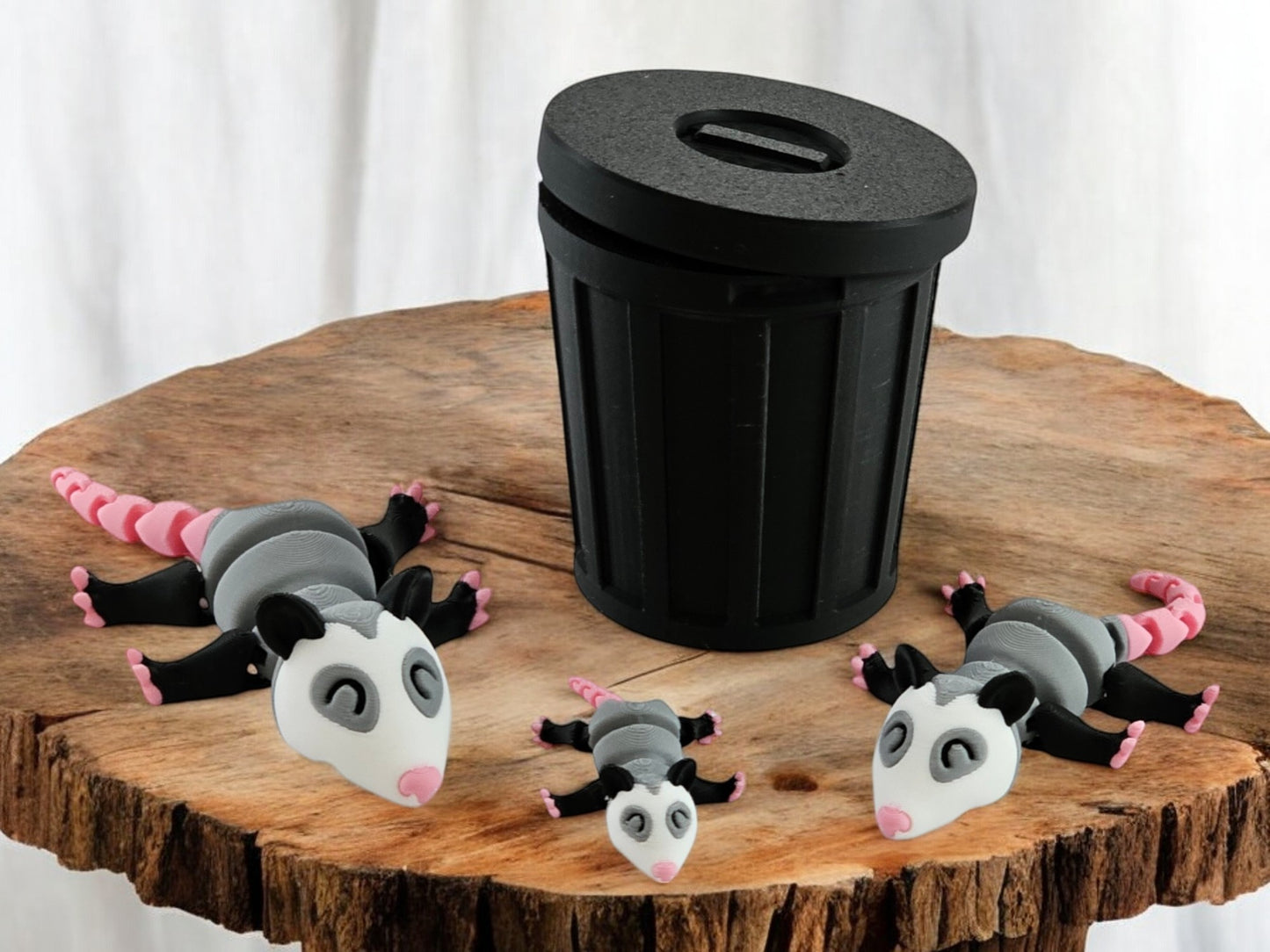 3D Printed Possum Family Toy Set with Trash Can - Fun and Unique Possum Figures for Kids - Eco-Friendly Playtime (AP)