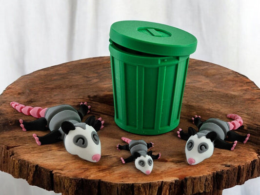 3D Printed Possum Family Toy Set with Trash Can - Fun and Unique Possum Figures for Kids - Eco-Friendly Playtime