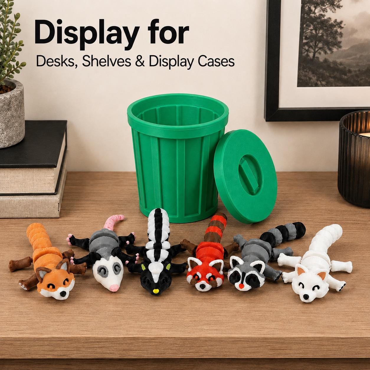 Articulated woodland animal figurines with gray trash can