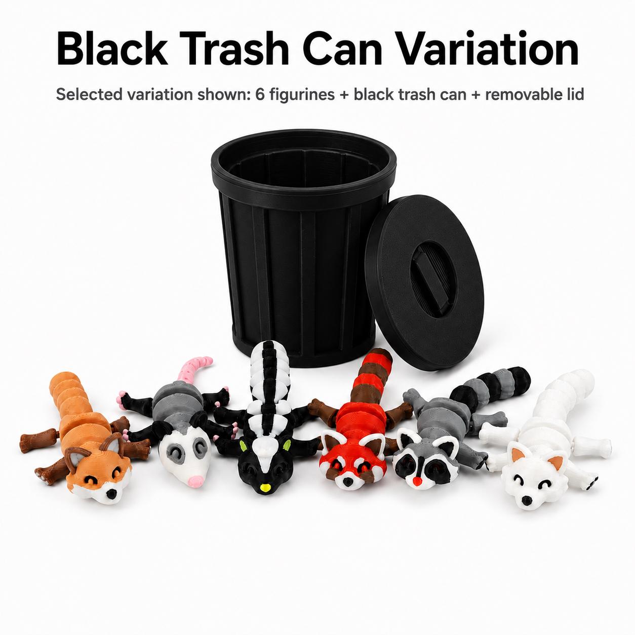 Articulated woodland animal figurines with black trash can
