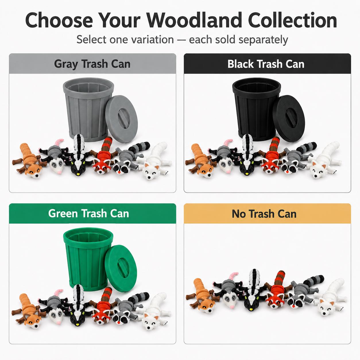 Six articulated woodland animal figurines with trash can options