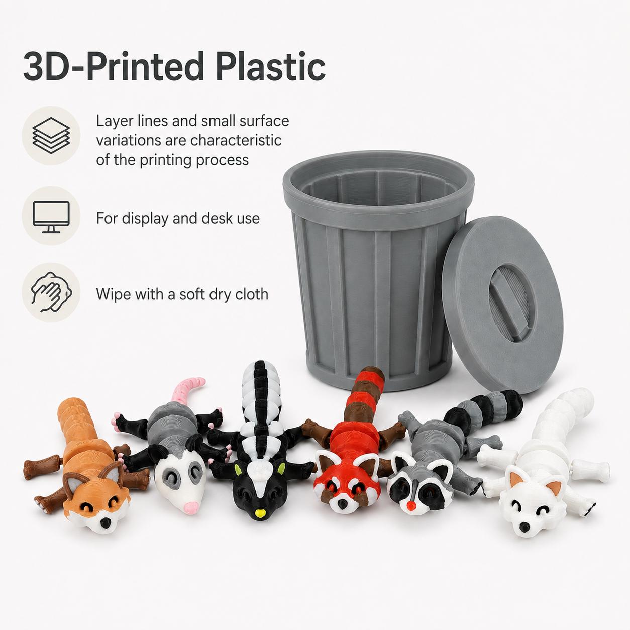 Articulated woodland animal figurines with green trash can