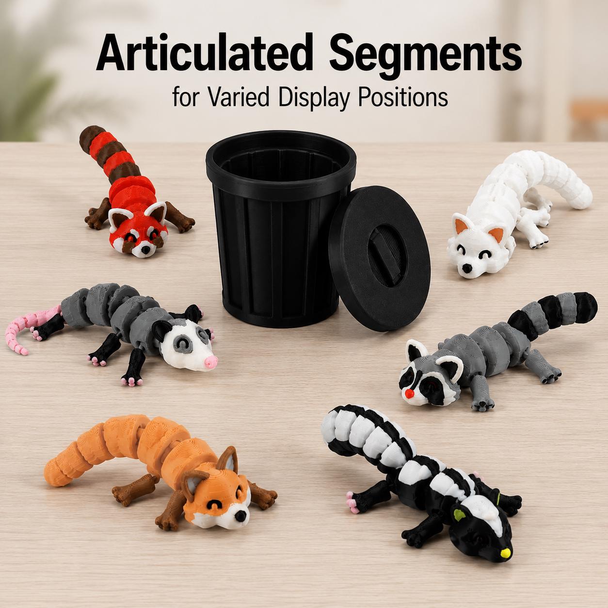 Six woodland animal figurines without a trash can